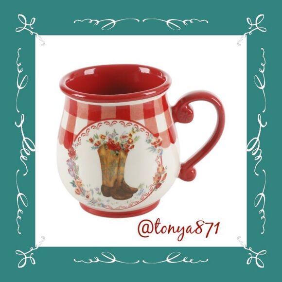 🦋 New Pioneer Woman Novelty Cowboy Boot Floral Red Gingham 16-oz Mug - Picture 3 of 9